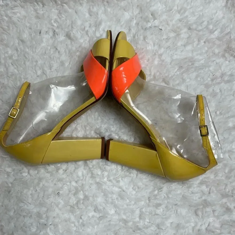 Kate Spade patent leather mustard yellow and coral ankle strap sandals size 9.5